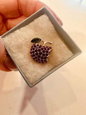 Red Crystal Apple Brooch with Green Enamel Leaf - Women's Jewelry